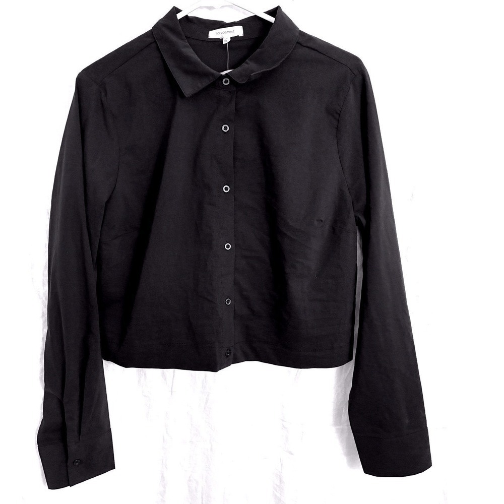 No Comment Cropped Top Button Down Women XL Black Elastic Back Blouse